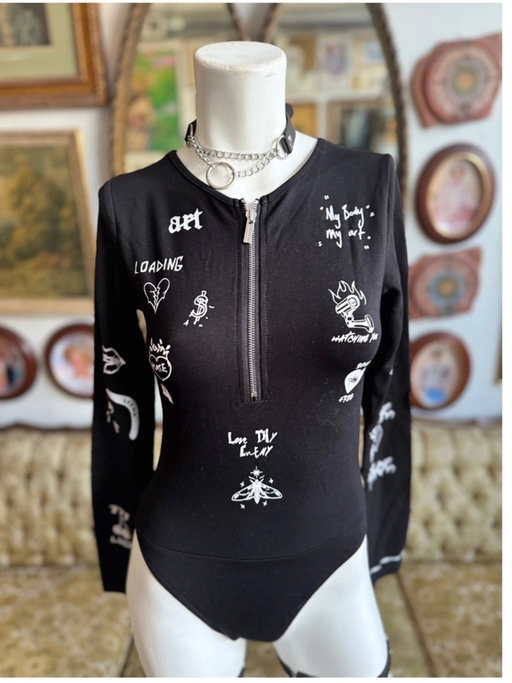 Maniere De Voir Black Zipper Graffiti Bodysuit Size US 4 New Goth, Punk, Emo